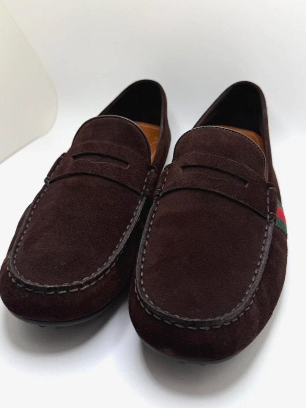 Gucci Web Suede Driver Loafers Men Size 9 EU 43 Brown Cocoa Penny Strap Italy